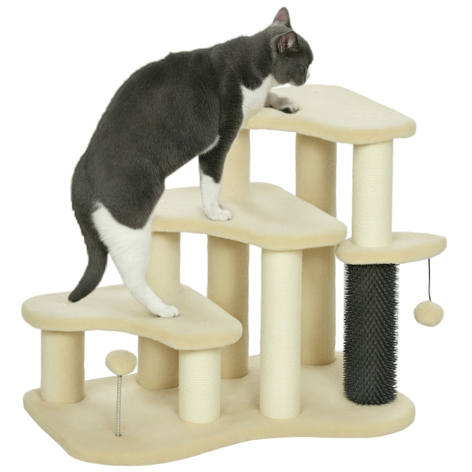 image 1 of PawHut Dog Cat Stairs Pet Steps for Bed Sofa with Scratching Post Beige