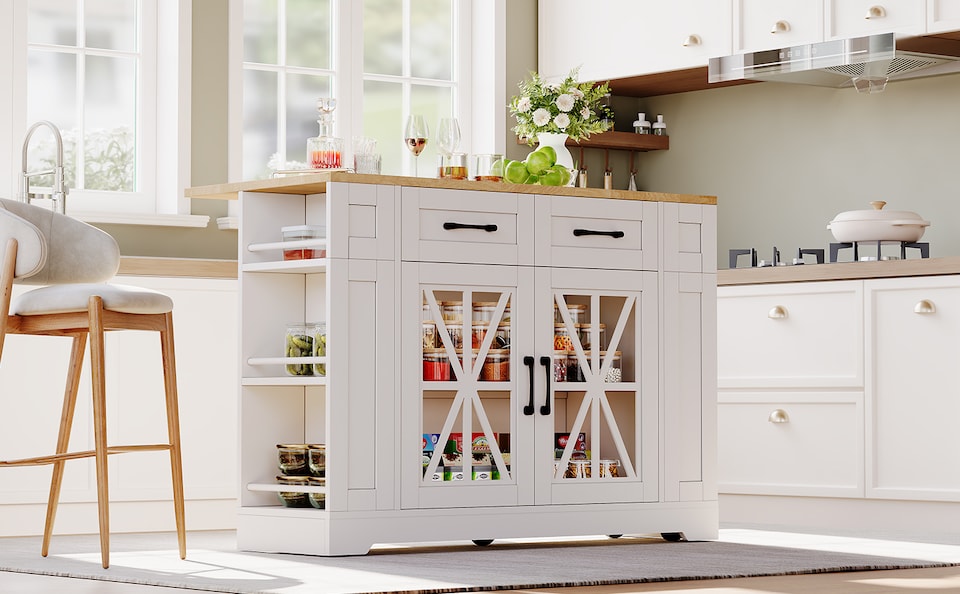 image 1 of VILUXE Mobile Kitchen Island with Foldable Worktop, 2 AC Sockets, 2 USB Ports, Glass Doors, Adjustable Shelves and Lockable Wheels, White and Natural