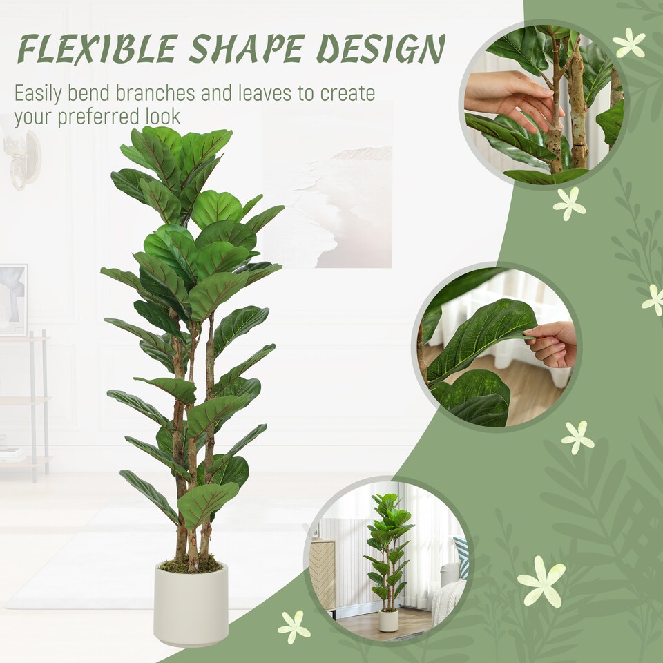 image 1 of HOMCOM 120cm 2 PCs Artificial Fiddle Leaf Fig Trese with Solid Wood Trunks