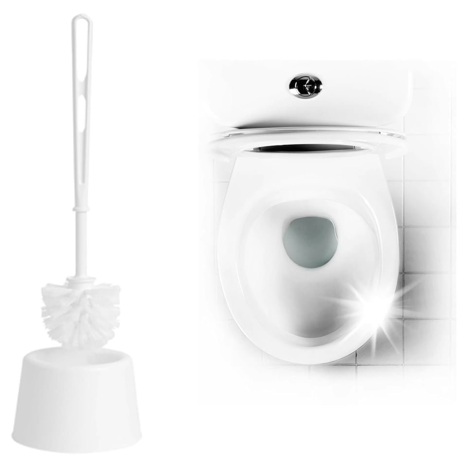image 1 of 1 x White Toilet Brush Set With Strong Holder & Handle With Deep Cleaner Bristles White