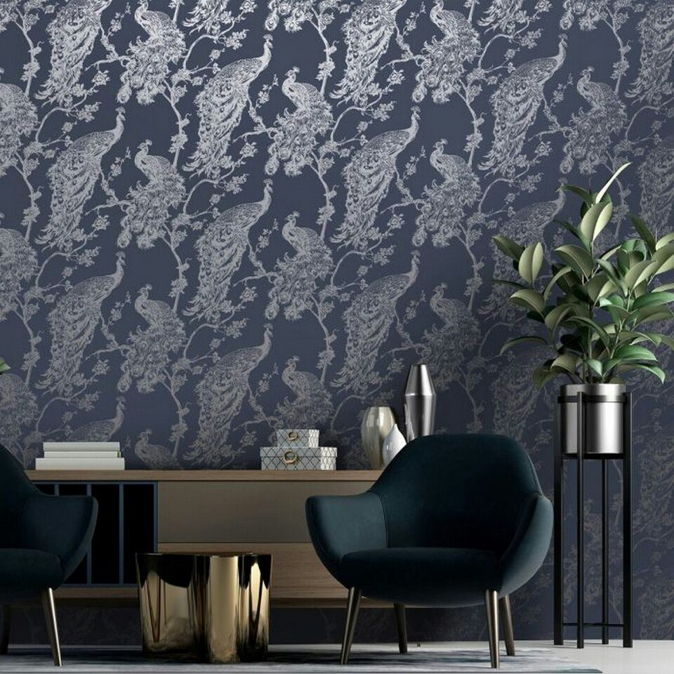 image 1 of Holden Décor Glistening Peacock Wallpaper - Navy - One Size Blue