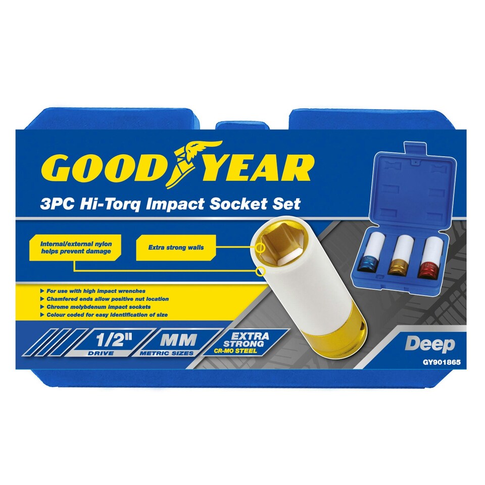 image 1 of Goodyear 3 PC Thin Wall Deep Impact Nut Socket Wheel 1/2" Drive 17mm 19mm 21mm
