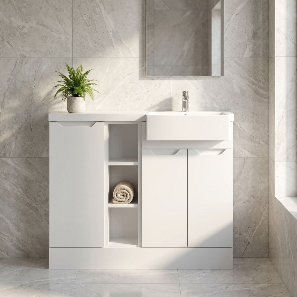 image 1 of Balterley Teddesley Floor Standing Compact 3 Door Combination Vanity Basin Unit with Open Shelves and Basin, 1000mm, Right Hand, Matt White