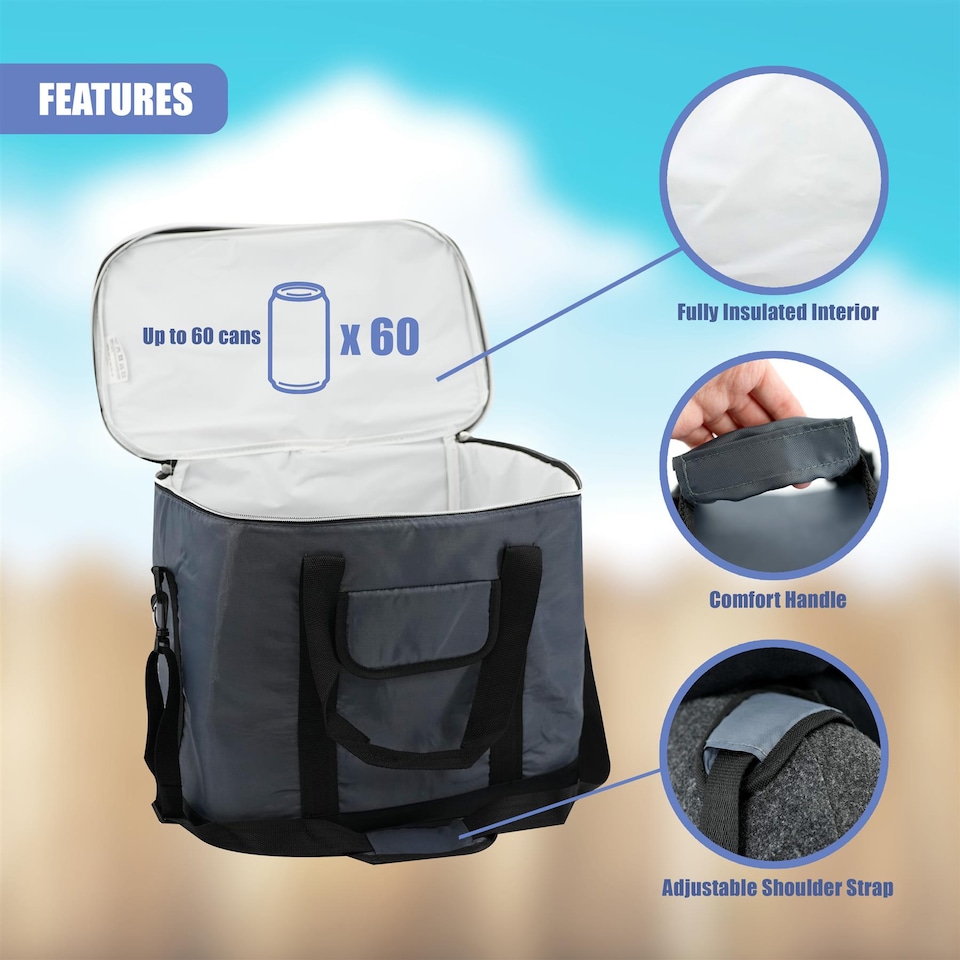 image 1 of GEEZY Zip Up Cooler Bag Insulated Picnic Food Carrier Grey 30L
