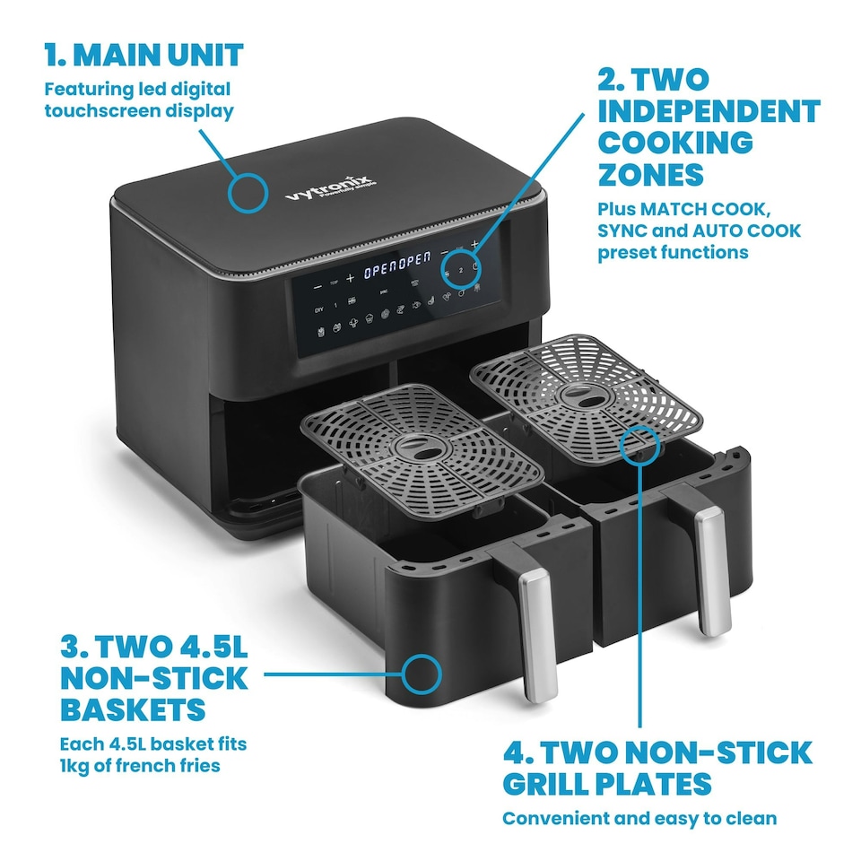 image 1 of Vytronix 2 Drawer Air Fryer Dual Zone 9L Family Size Efficient 2400W Black
