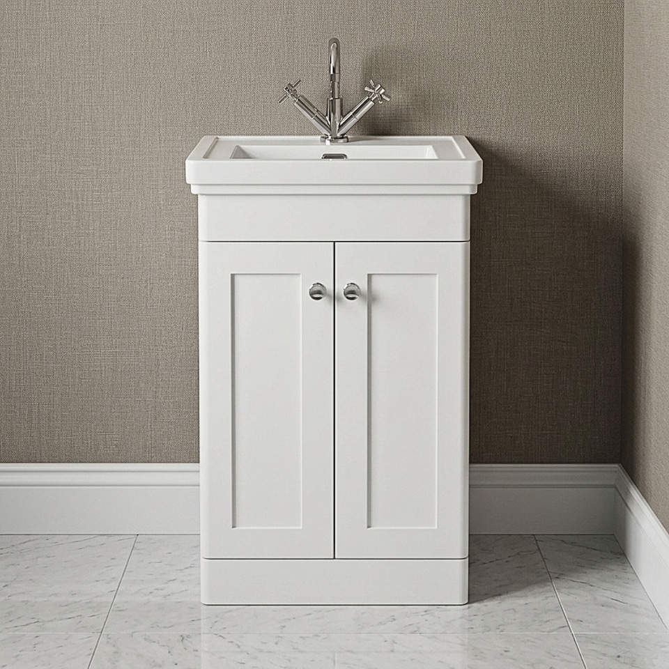 image 1 of Balterley Classic Traditional Bathroom Floor Standing 2-Door Vanity Unit & Fireclay Basin | White | Satin White