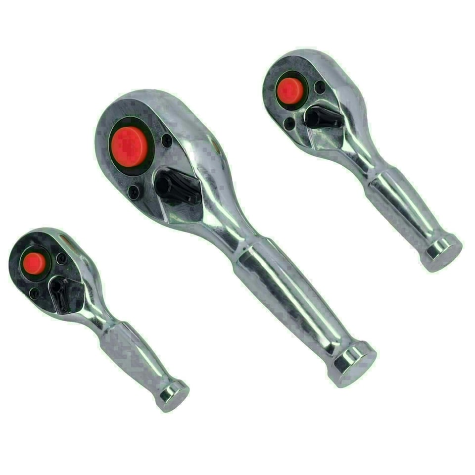 image 1 of 1/4in 3/8in and 1/2in Drive Stubby Headed Ratchet Socket Driver 90 Teeth 3pc