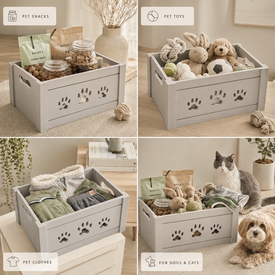 image 1 of Paw Shaped Cutout Dog Toys Chest Gift Hampers Storage Collection Box Wooden Crates Gift Hampers (Grey, Small)