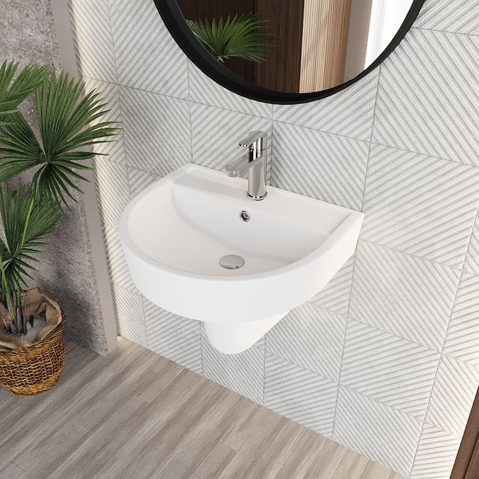 image 1 of Balterley Mila Round 1 Tap Hole Ceramic Basin with Semi Pedestal Bathroom Sink (Tap Not Included) | White | White