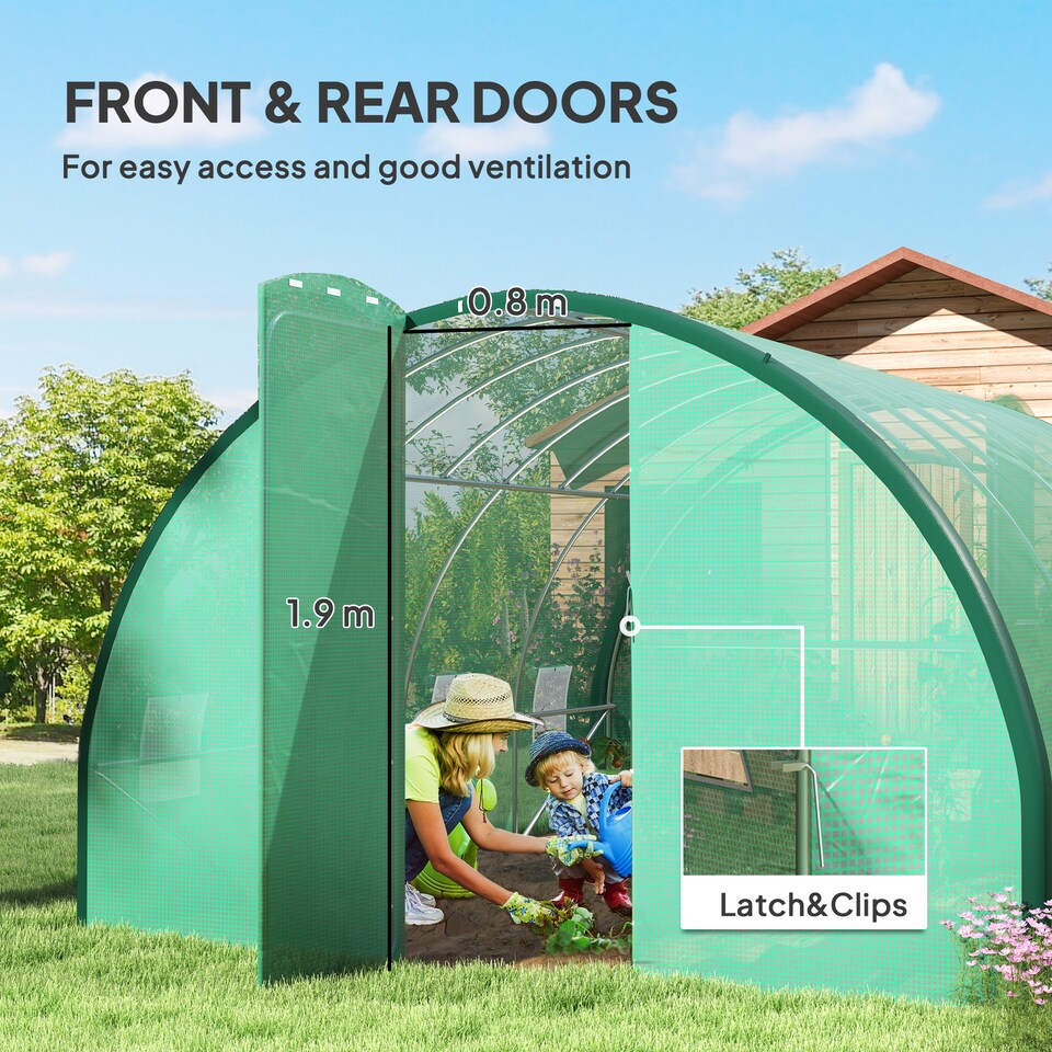 image 1 of Outsunny Tunnel Greenhouse Upgraded Structure, Hinged Doors, 4 x 3 m, Green | Green | 1