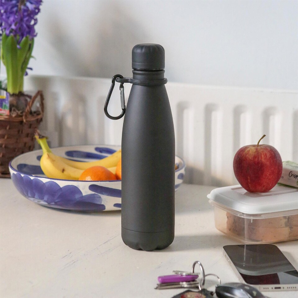 image 1 of Harbour Housewares Stainless Steel Water Bottle with Carabiner Clip - 500ml - Matt Black | Black | Matt Black | One Size