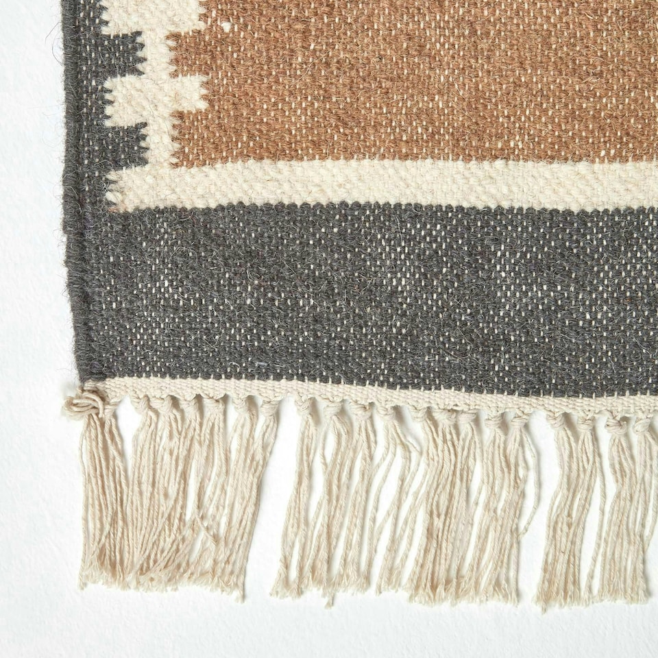 image 1 of Homescapes Jaipur Handwoven Brown and Orange Kilim Wool Hall Runner - 66 x 200 cm | Multi