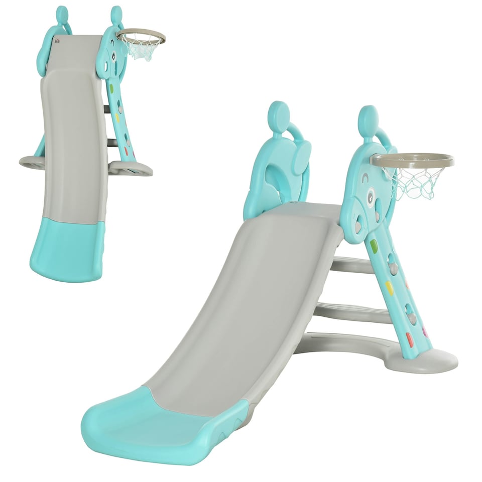 image 1 of HOMCOM 2 in 1 Kids Slide with Basketball Hoop 18 months -4 Years Old Deer Blue