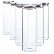 Argon Tableware Glass Storage Jars - Silver Lid - 2 Litre - Modern Round Scandi Organisation Container Glass Jar - Set of 6