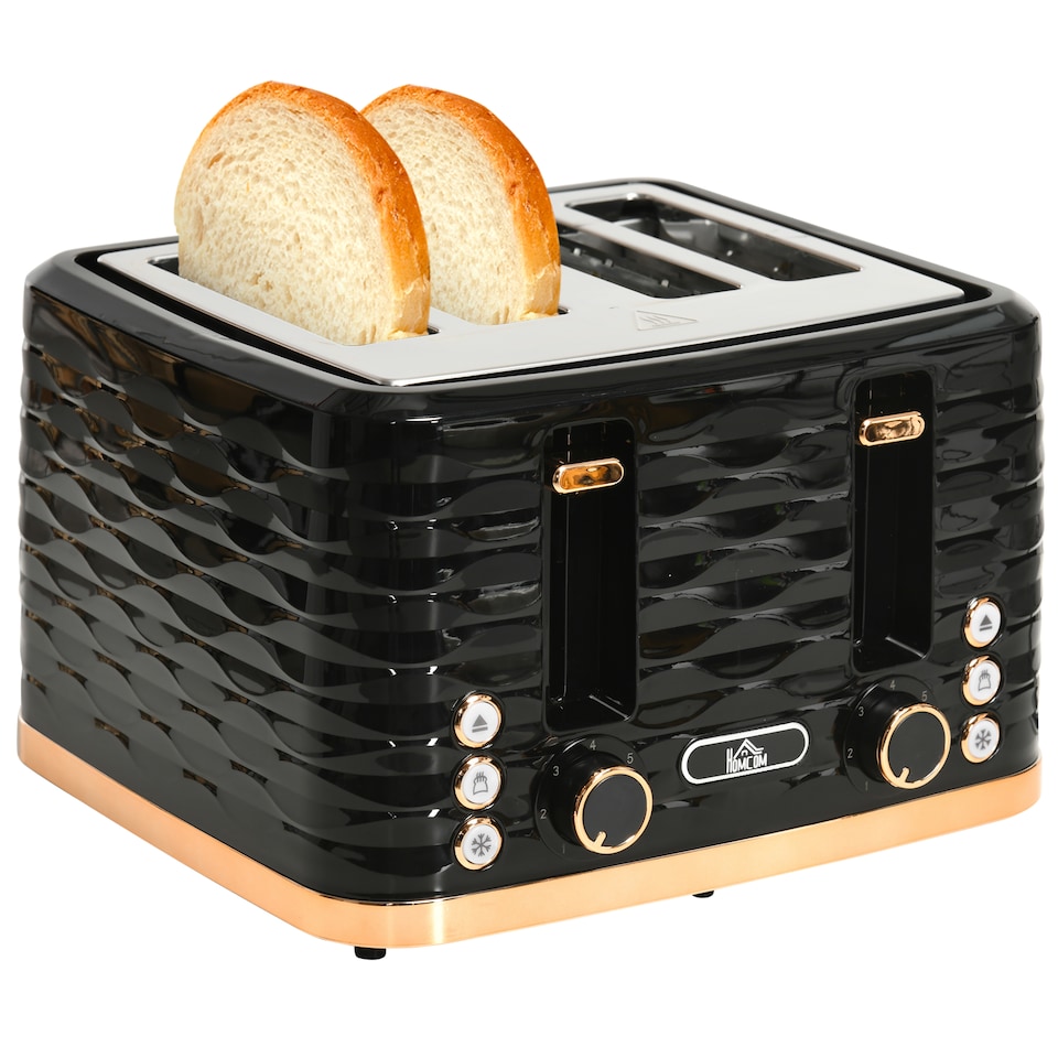 image 1 of HOMCOM 4 Slice Toaster with 7 Browning Levels, High Lift, ReheatDefrostCancel, Self-centring Function, Removable Crumb Tray, Auto Off, 1600W, Black Water Ripple Texture | Black | Rose gold accents