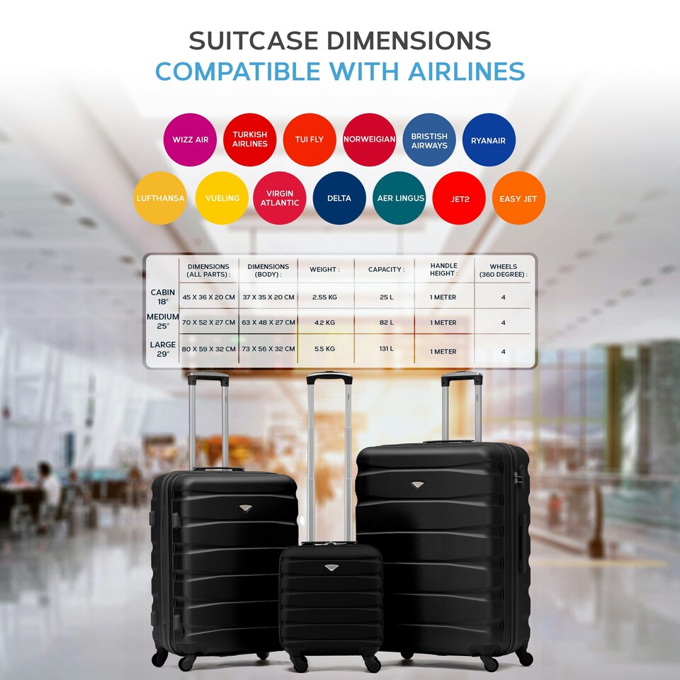 image 1 of Flight Knight Suitcase Sets 3 Piece, Large Suitcase, Extra Large Suitcase, easyJet Cabin Bag 45x36x20cm Underseat Carry On, 100+ Airlines Approved - BA, Ryanair Black | Black | Large