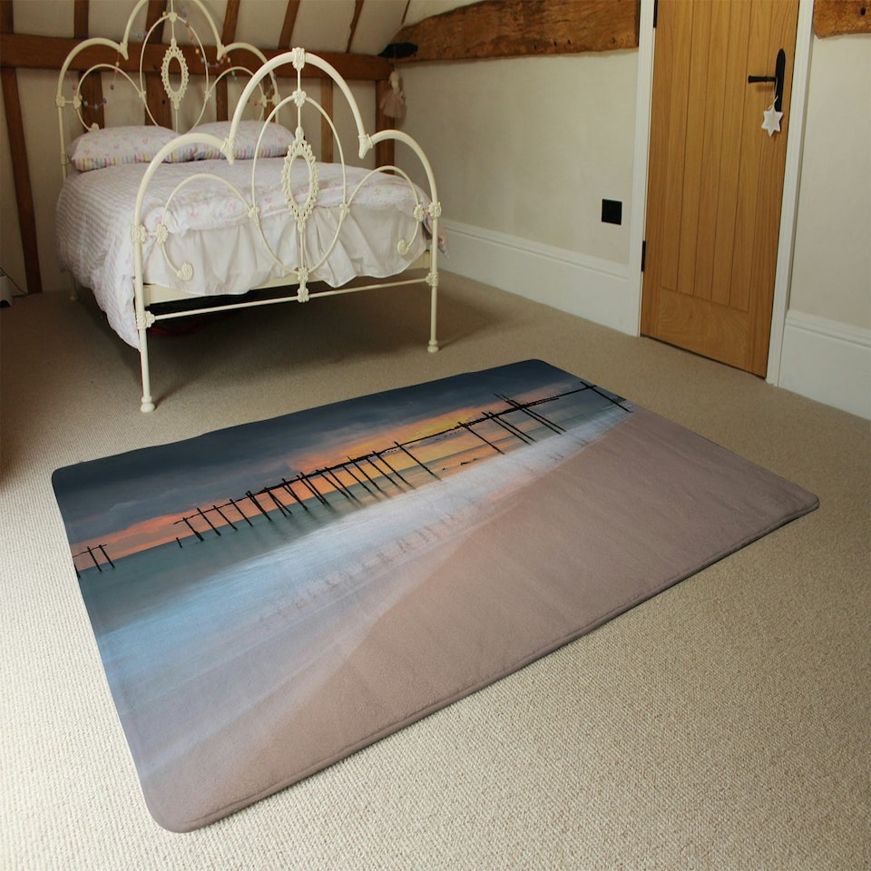 image 1 of Wood bridge sunset at sea thailand (Rug) (Rug) Multi | XL