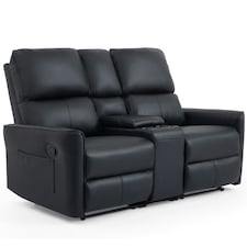 Madrid 2 Seater Manual Recliner Air Leather Sofa w Drinks Console Black