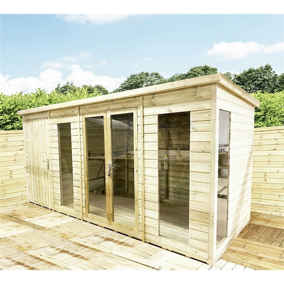 image 1 of 13 x 11 COMBI Pent Summerhouse + Side Shed Storage - Pressure Treated Tongue & Groove + Toughened Safety Glass (13' x11' / 13ft x 11ft) (13x11)