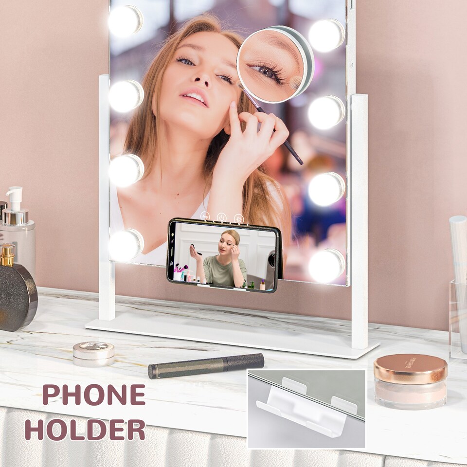 image 1 of HOMCOM Hollywood Vanity Mirror with Lights, 3746 cm Lighted Makeup Mirror with 3 Colour, 12 LED Bulbs, 10 Magnifying, USB Charging Port, Phone Holder