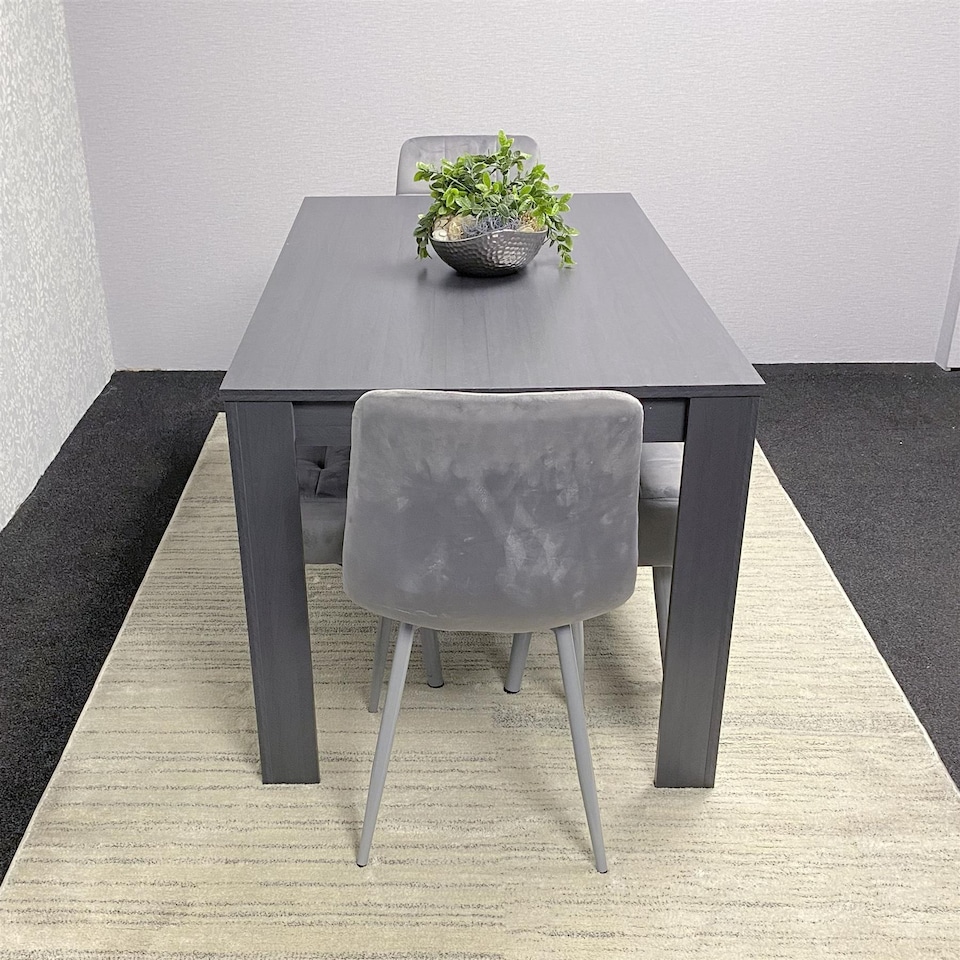 image 1 of Dining Table with 4 Chairs and 2 Benches Dark Grey Wood Table Grey Velvet Chairs