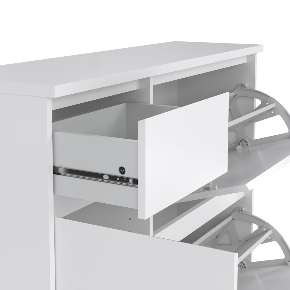 image 1 of Naia Shoe Cabinet with 2 Flip Down Doors 1 Door and 1 Drawer in White High Gloss