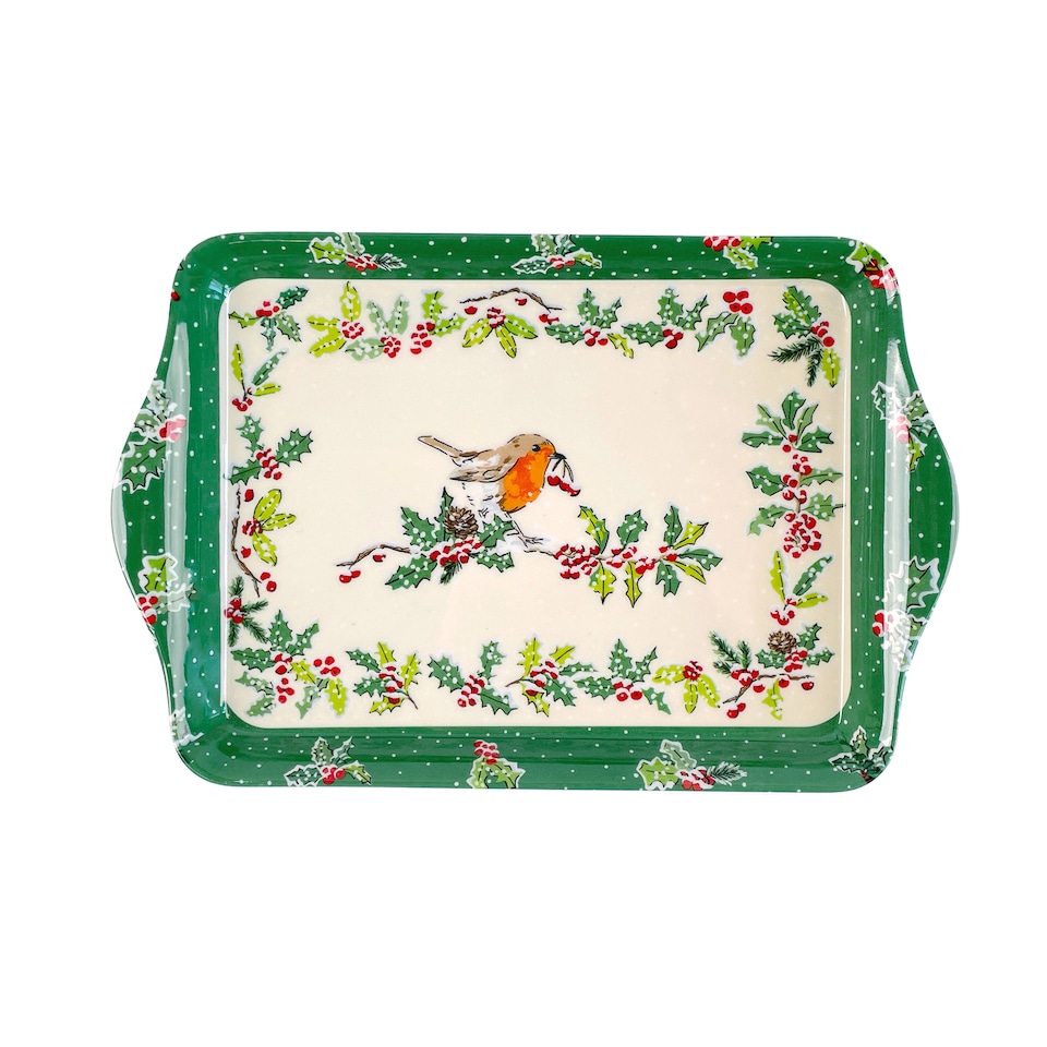 image 1 of Ulster Weavers Christmas Robins Tray - Scatter Green