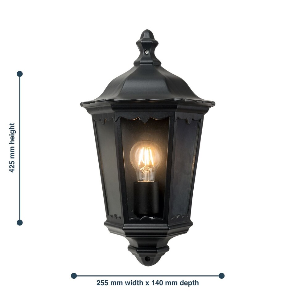image 1 of Sienna - Black with Clear Glass IP44 Outdoor Half Lantern Wall Light | Black | Clear | 1