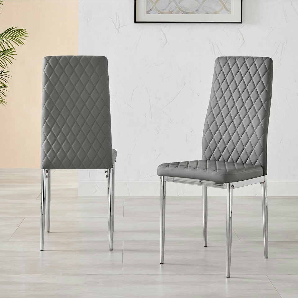 image 1 of Furniturebox 6x Milan Grey Chrome Hatched Faux Leather Dining Chairs