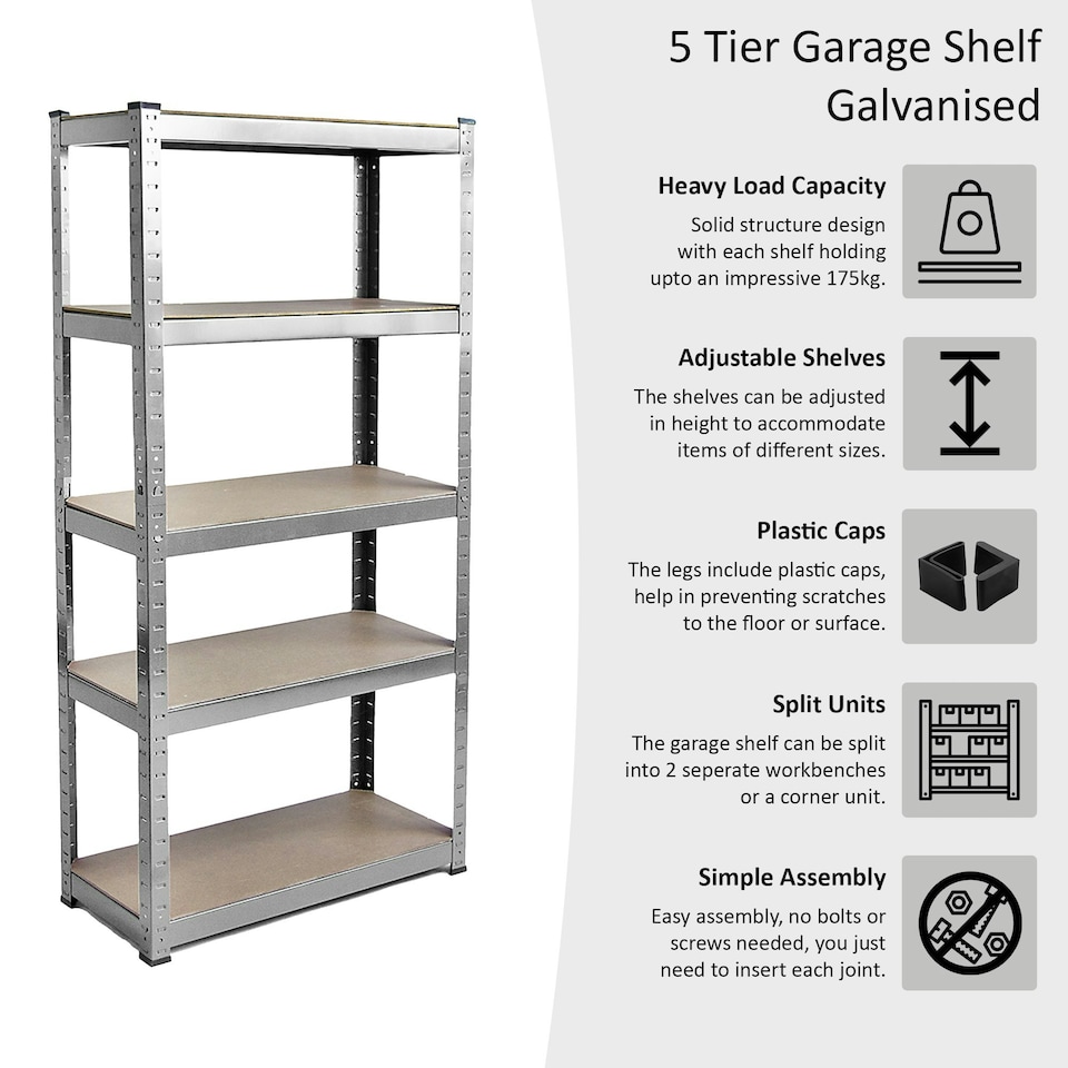 image 1 of Home Vida 5 Tier Garage Shelf Heavy Duty Boltless Shelving Storage Unit, Galvanised