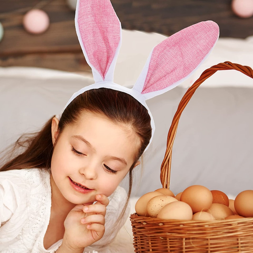 image 1 of PMS Easter Bunny Ear Headbands - 2 Pack, White Fabric Ears with Pink and Yellow Pastel Bands