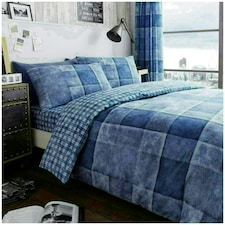 VELVETIO Denim Check Printed Duvet Cover Set Reversible Polycotton Beddings Blue | King