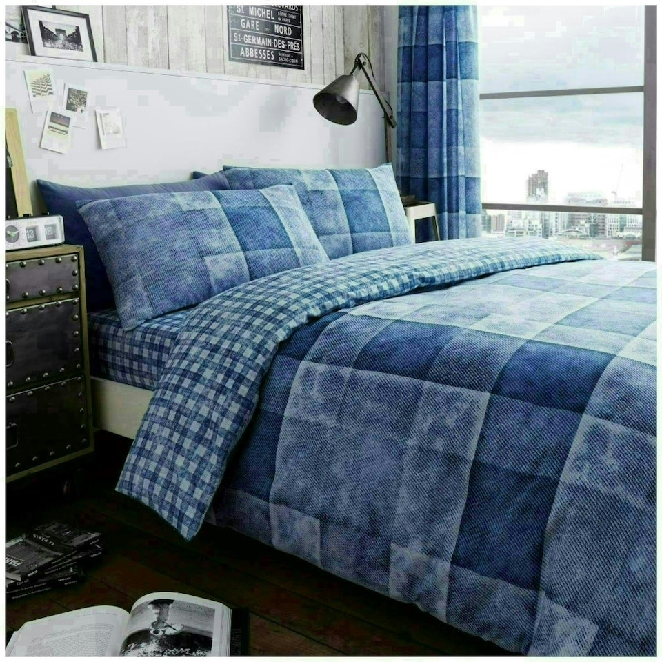image 1 of VELVETIO Denim Check Printed Duvet Cover Set Reversible Polycotton Beddings Blue | King