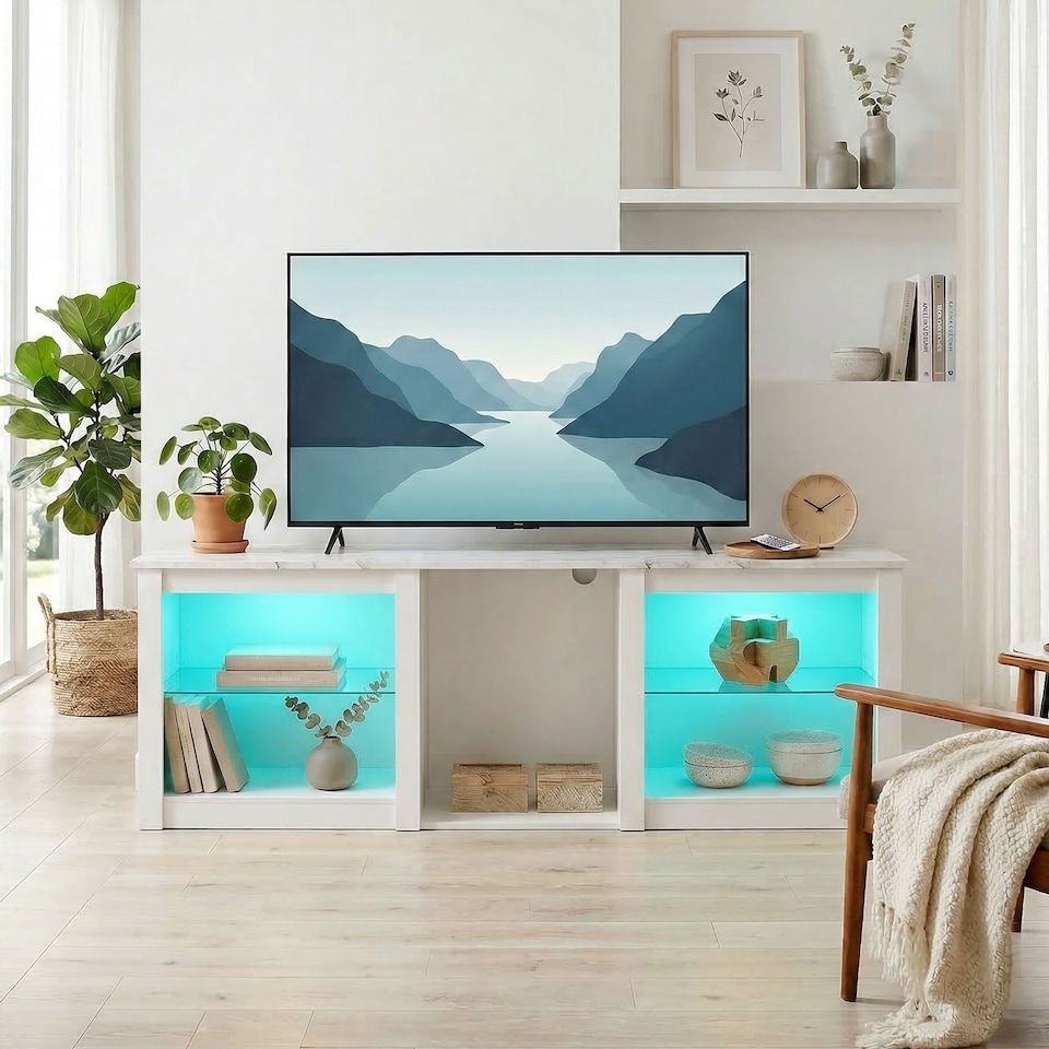 image 1 of HOMCOM 160cm TV Unit w/ LED Lights for 70in TV Modern TV Stand Cabinet | White | White