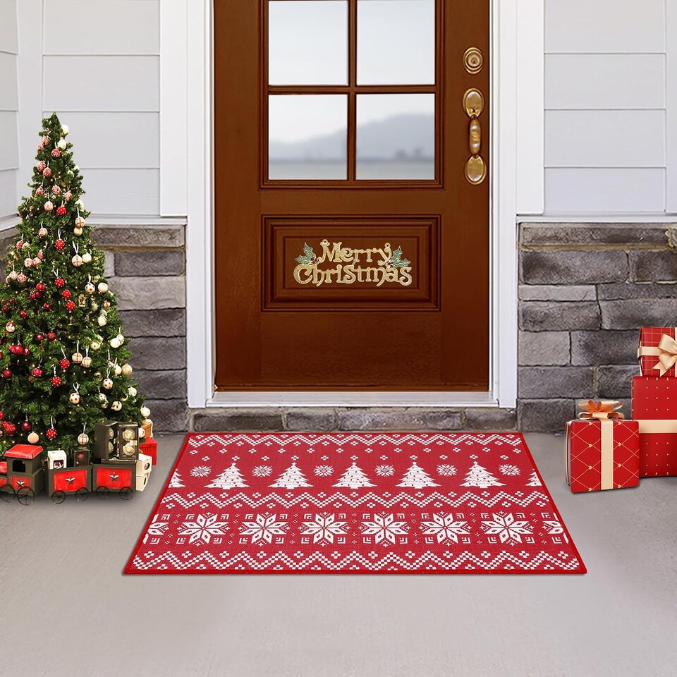 image 1 of London Boutique Christmas Doormat with Snowflake Design, Non-Slip Washable Entrance Mat, 40 x 60 cm