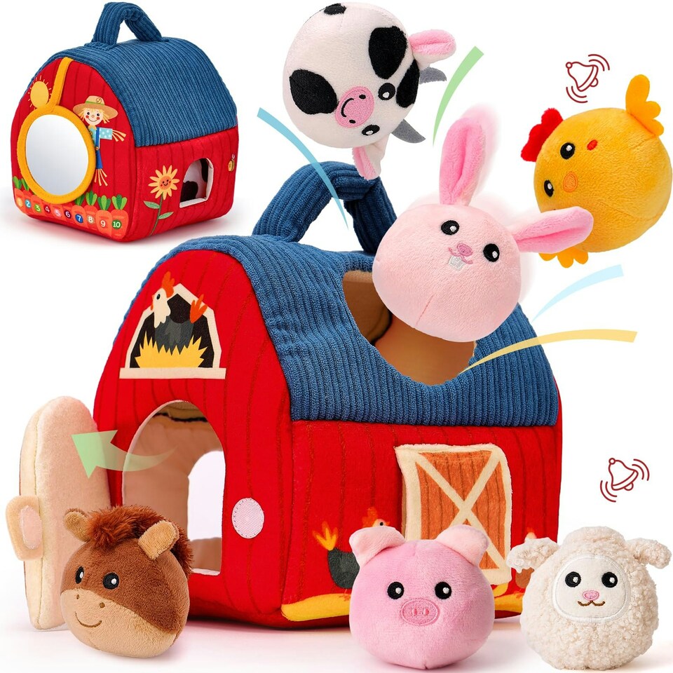 image 1 of Plush Barn with Stuffed Farm Animals, Rattle, Crinkle Paper & Baby Mirror