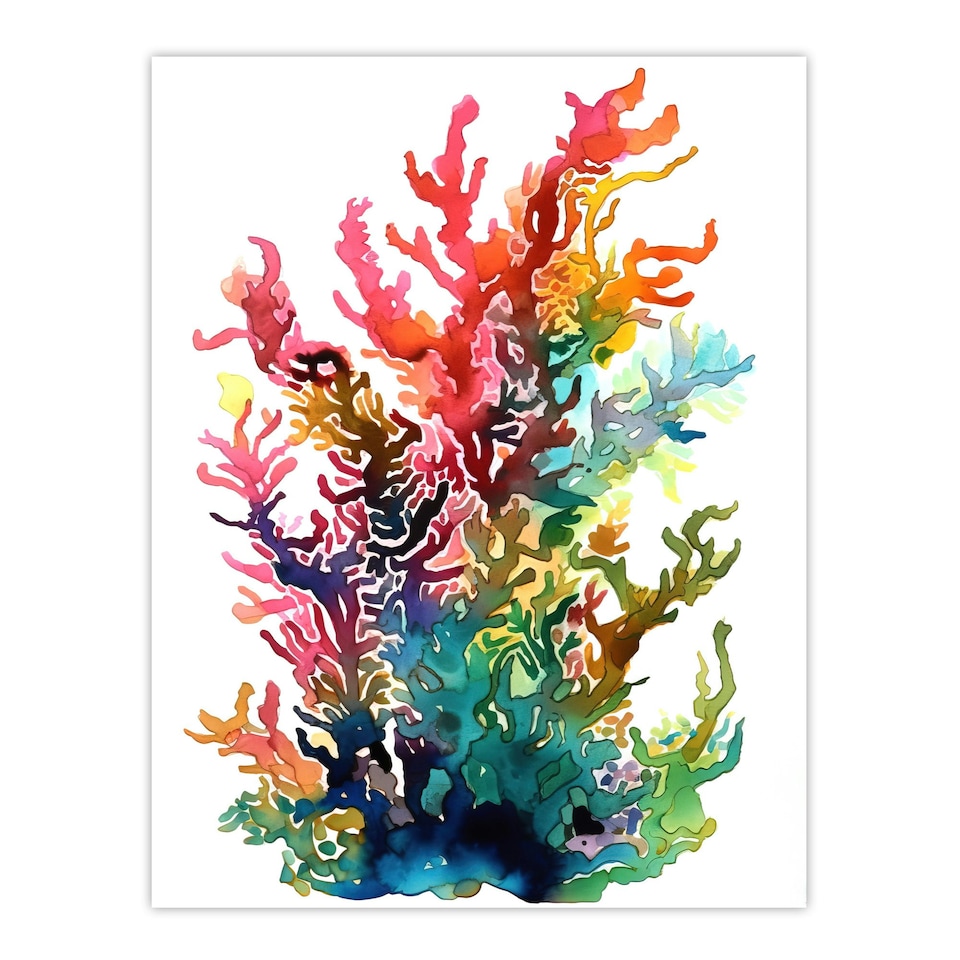image 1 of Seaweed Corals Vibrant Watercolour Rainbow Black Framed Wall Art Print A4