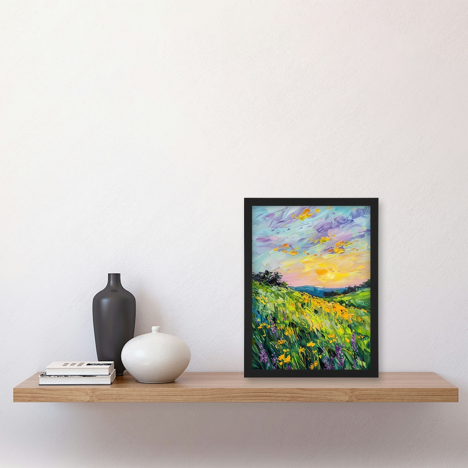 image 1 of Lavender Daffodil Meadow Sunset Oil Living Room Black Framed Wall Art Print A4