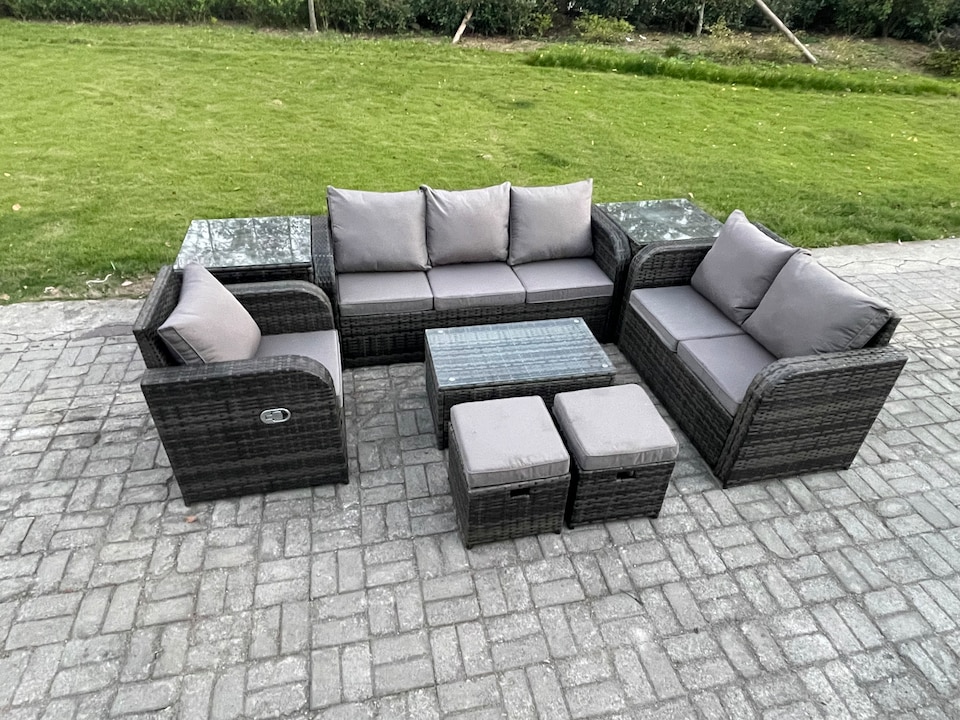 image 1 of Fimous Outdoor Garden Furniture Sets 8 Pieces Wicker Rattan Furniture Sofa Sets with Rectangular Coffee Table Loveseat Sofa 2 Small Footstools 2 Side Tables