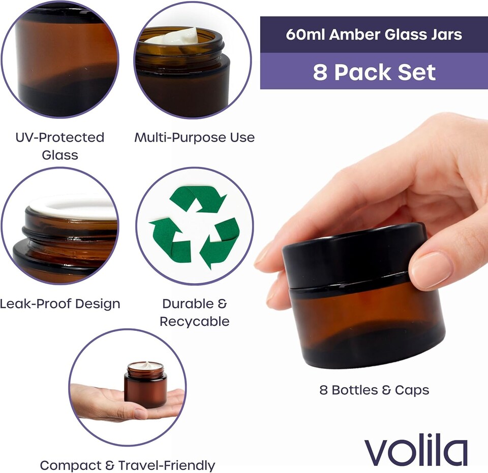 image 1 of Cosmetic Amber Glass Jar Set - UV Protection for Powder, Lotion and Cream