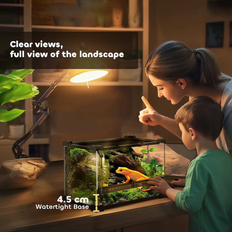 image 1 of PawHut 10L Glass Terrarium, Reptile Vivarium with Stone Background, Black