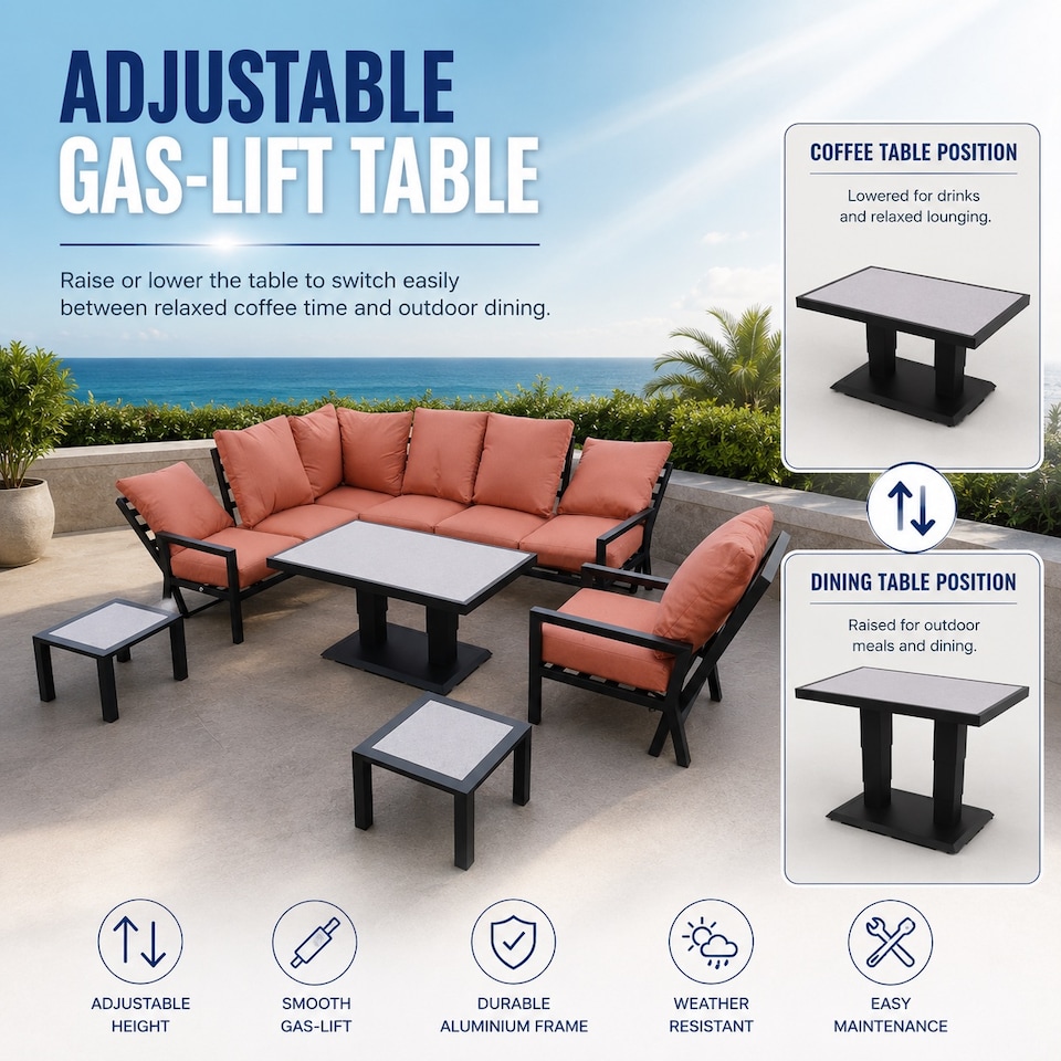 image 1 of Monte Carlo 7 Seater Aluminium Reclining Corner Garden Sofa Set with Gas Lift Table & Terracotta Cushions