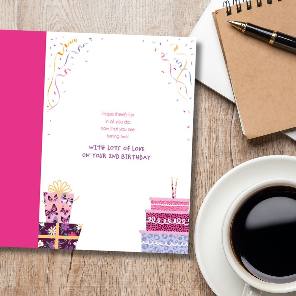 image 1 of Words 'n' Wishes 2nd Birthday Card for Daughter, Foiled Caption & Patterned & Foiled Presents & Cake, Multicoloured, 23.5 x 16.5 cms