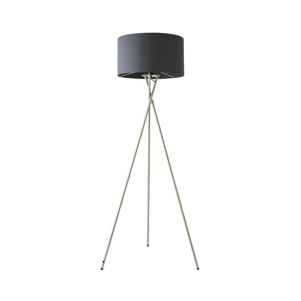image 1 of ValueLights Camden Brushed Chrome Tripod Floor Lamp Charcoal Shade & Bulb | Grey