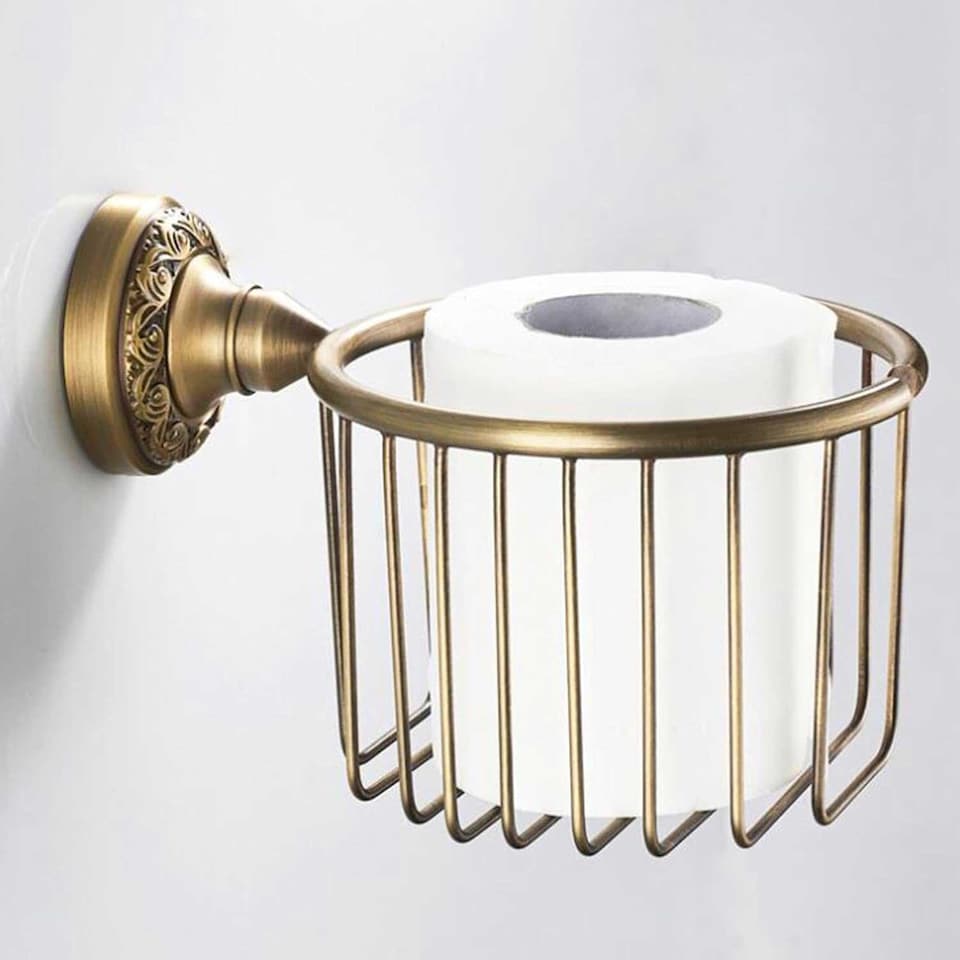 image 1 of Antique Brass Toilet WC Roll or Shampoo Basket Holder Wall Mounted High Quality