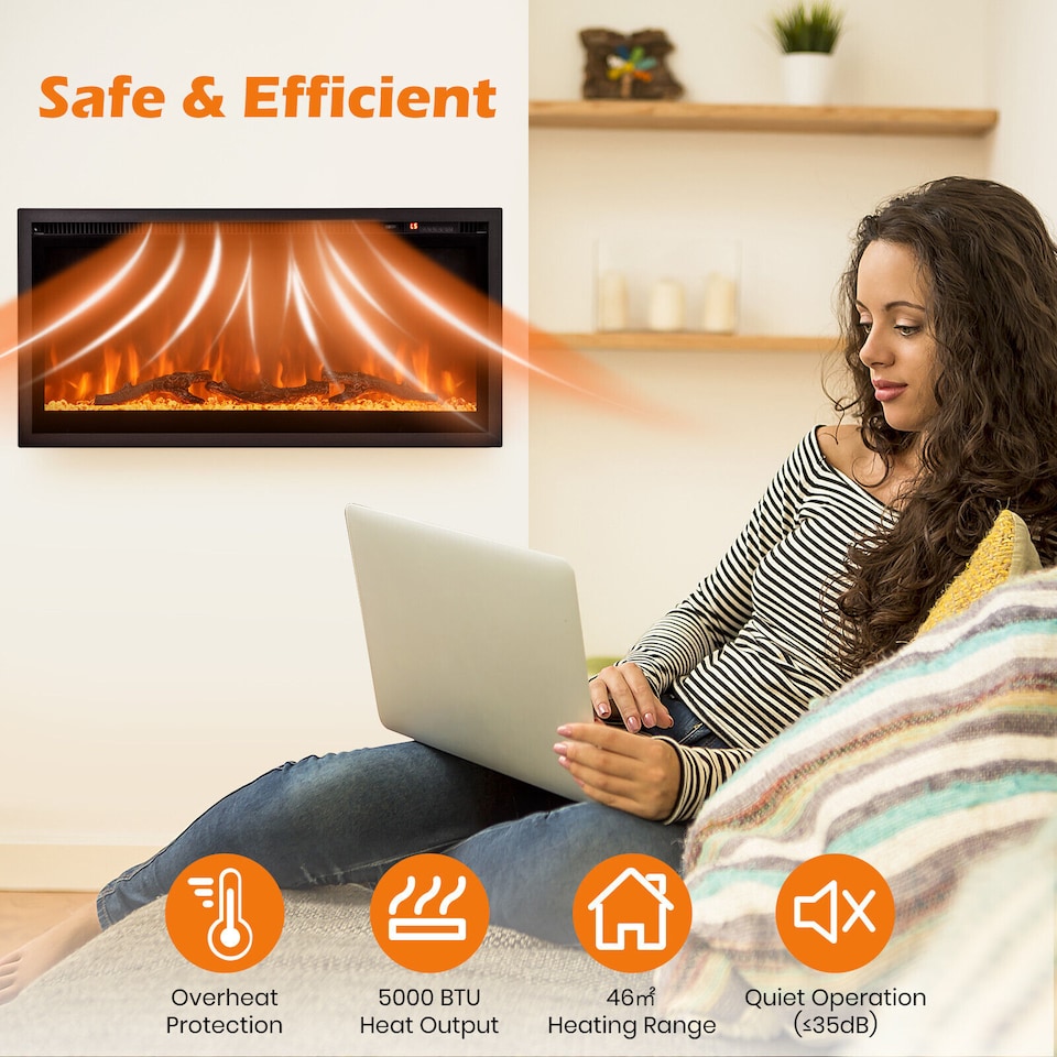 image 1 of COSTWAY Wall-Mounted Recessed Freestanding Fireplace Black