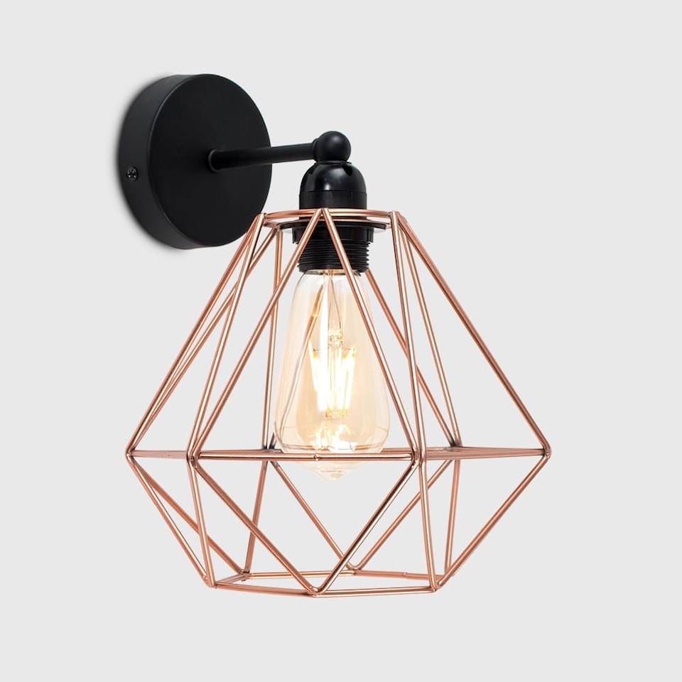 image 1 of ValueLights Cambourne Matte Black Wall Light Copper Shade & Bulb