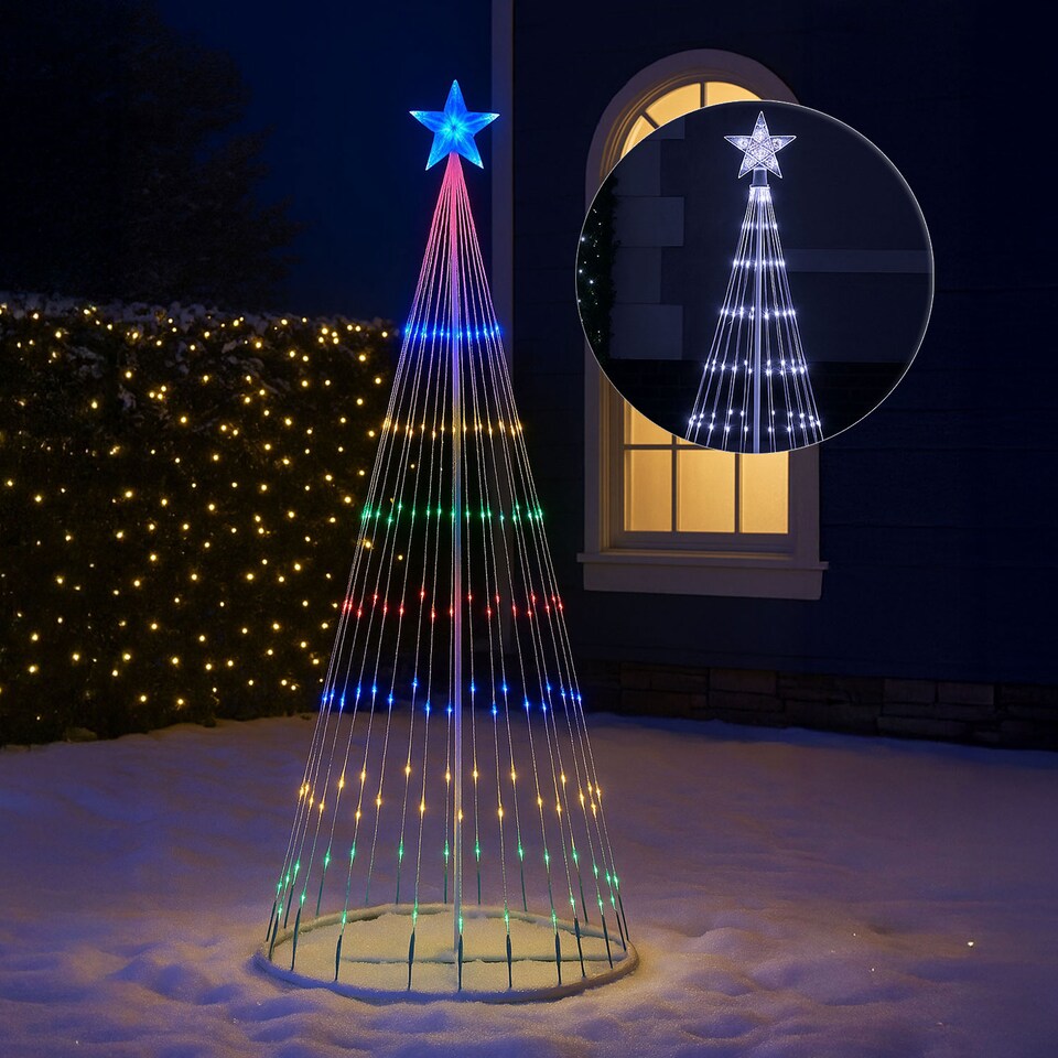 image 1 of Neo White Waterfall LED Outdoor Christmas Tree Light Cascading Star Tree with 5m Lead Multi Function Modes Garden & Patio 4ft 6ft 8ft 10ft Foot Feet | White | Multi White