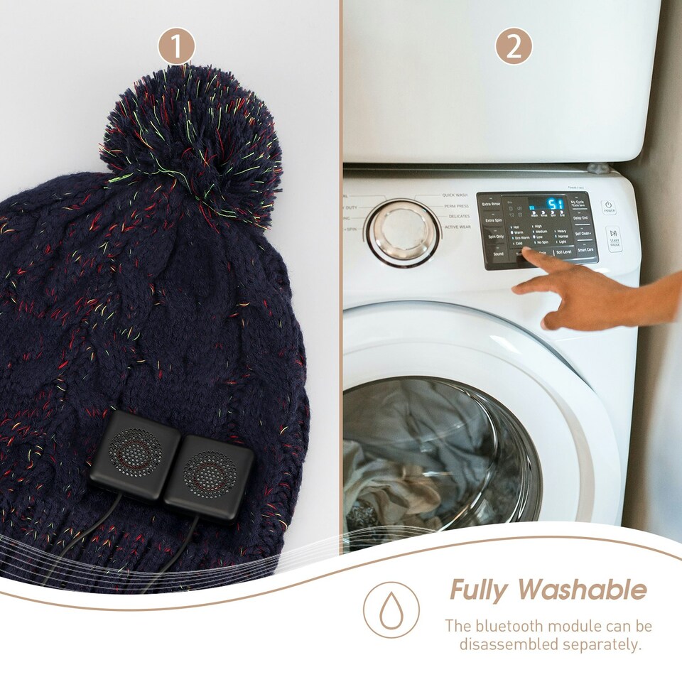 image 1 of Pom Pom Beanie Hat with Bluetooth Speakers Rechargeable with Built-In Microphone for Calls - August EPA30 Blue