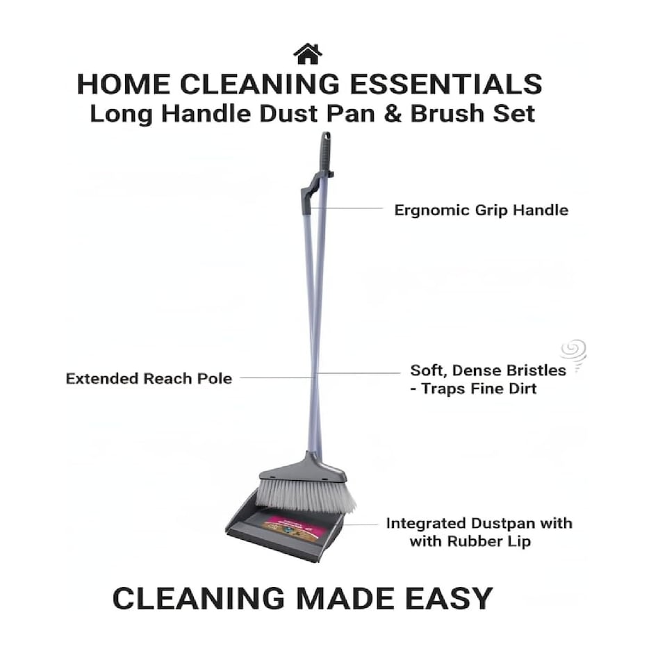 image 1 of Home Cleaning Long Handle Dust Pan & Brush Set Soft Bristles Household